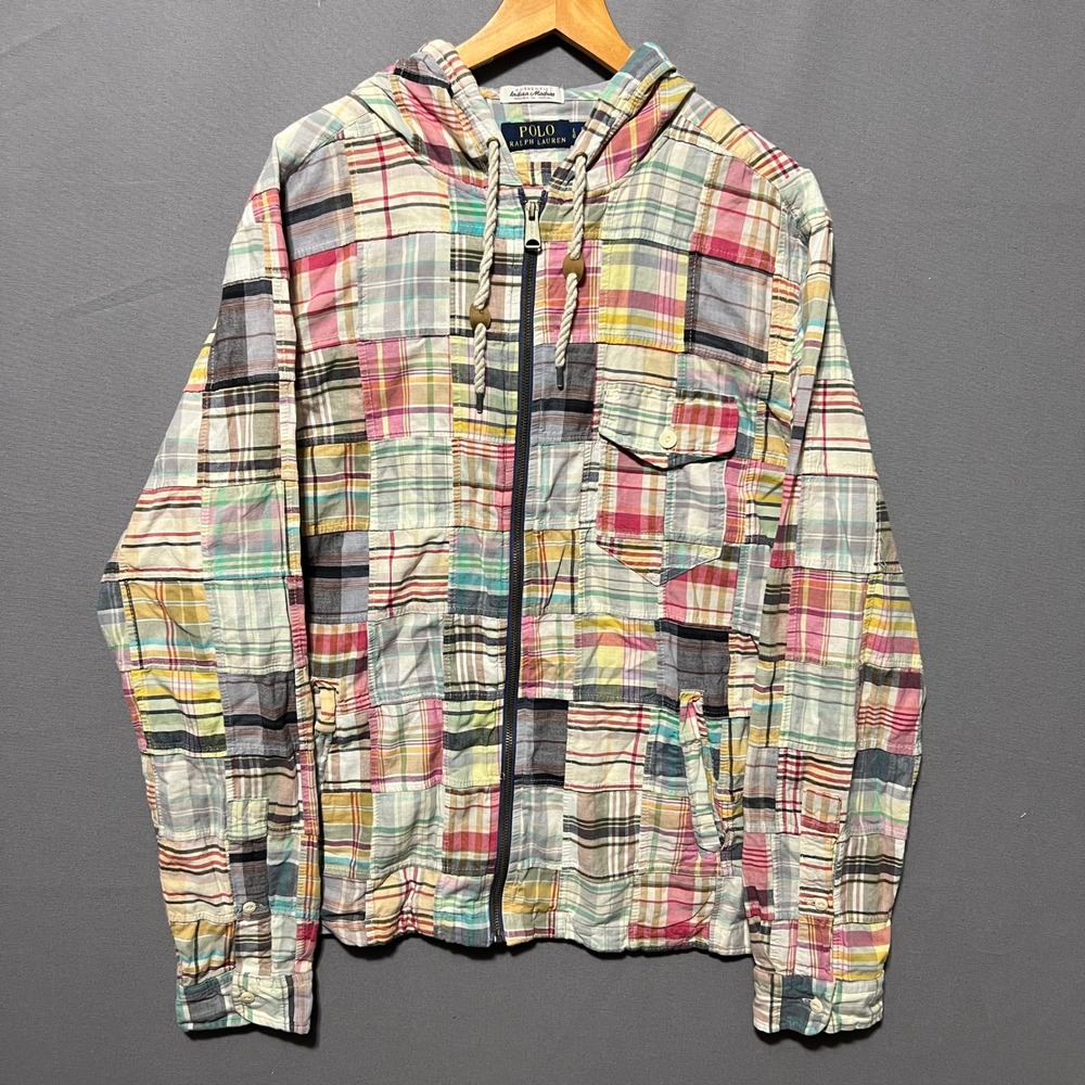 Polo Ralph Lauren Mens Indian Madras Patchwork Zip Hoodie Multi Color Large